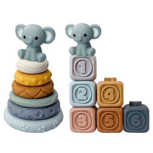 Kyoot Elephant Twin Set Incl Silicone Stacking Ring and Building Blocks Baby Toy