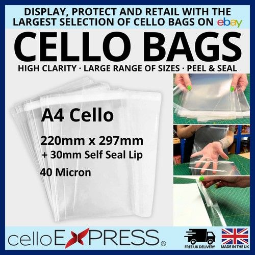 Cellophane Cello Bag Artists Display - A4 - 220mm x 297mm + 30mm Self Seal Lip