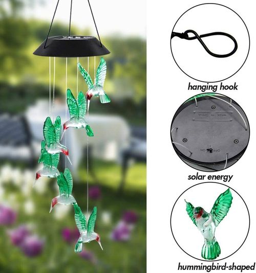 Color-Changing LED Solar Powered Hummingbird Wind Chime Lights Yard Garden Decor — image 7