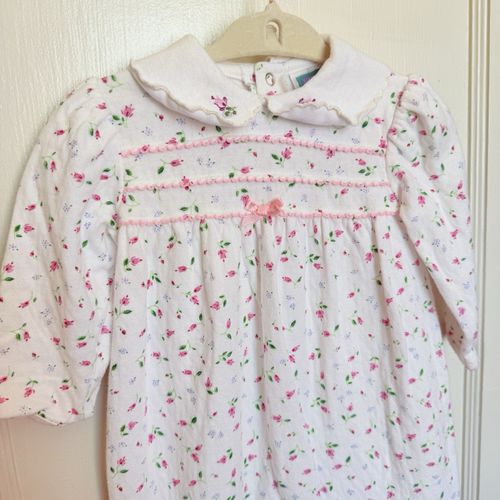 VTG Y2K Baby Girls White Pink Floral Footed Sleeper Collared Smocked Bow Zip — image 6