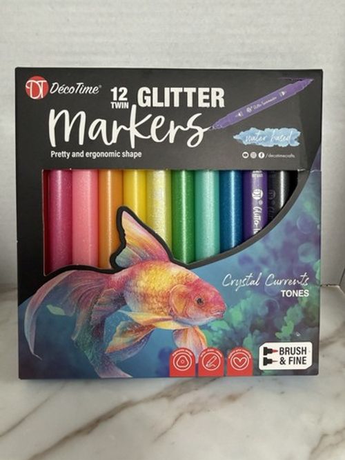DecoTime 12 Twin Glitter Markers Set Brush & Fine Tips Multicolour