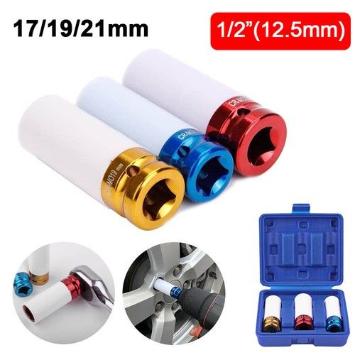 1/2" Drive Alloy Wheel Nut Thin Wall Deep Impact Sockets Set 17mm 19mm 21mm