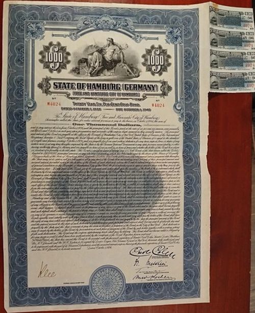 Germany 1926 State Hamburg $ 1000 Dollars Gold UNCANCELLED Bond Loan ABNC