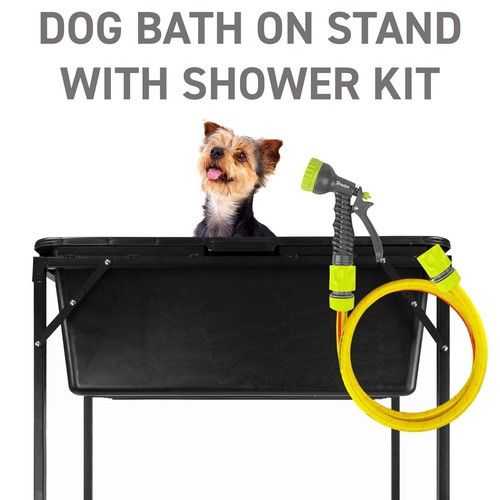 90L Dog Wash Bath with Drain Plug, Foldable Metal Stand & Multi Jet Sprayer Kit