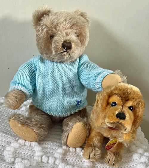 2 Plush Toys Lot: Plush Bear with Blue Sweater & Plush Dog, Black Eyes