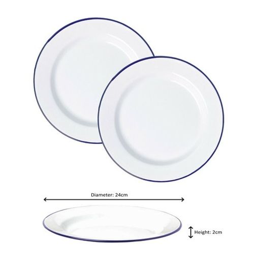 2 x Falcon White Enamel Plate Dinner Pie Baking Roasting Camping Plate Blue Rim