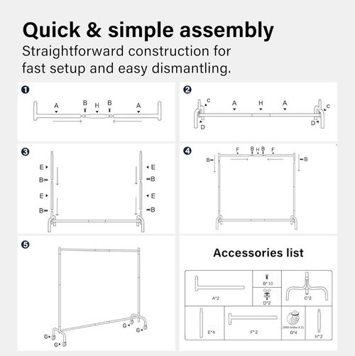 Heavy Duty Metal Clothes Rail, Black Matt, Lockable Wheels 180x158cm (6ft wide) — image 6