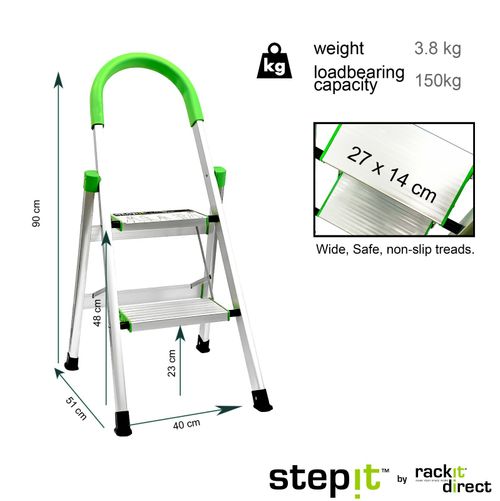 2 Step Aluminium Ladder Foldable Safety Step Stool 140kg Anti-Slip Wide Treads — image 2