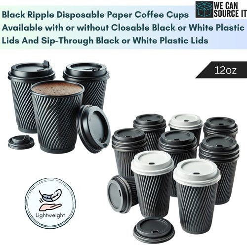 Black Ripple Paper Coffee Cups 4/8/12/16oz - Disposable Hot and Cold Drink Cups
