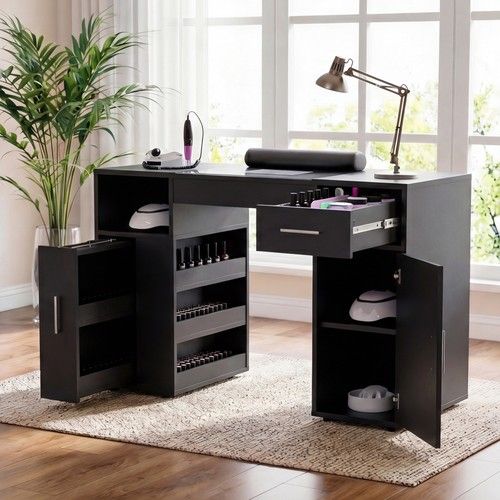 Mobile Manicure Table Nail Desk w/Dust Collector Wrist Rest Wheel Glass Tabletop
