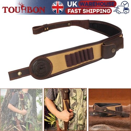 TOUEBON Shooting Rifle Sling Canvas Gun Shoulder Strap w/ Ammo Holder Brown UK