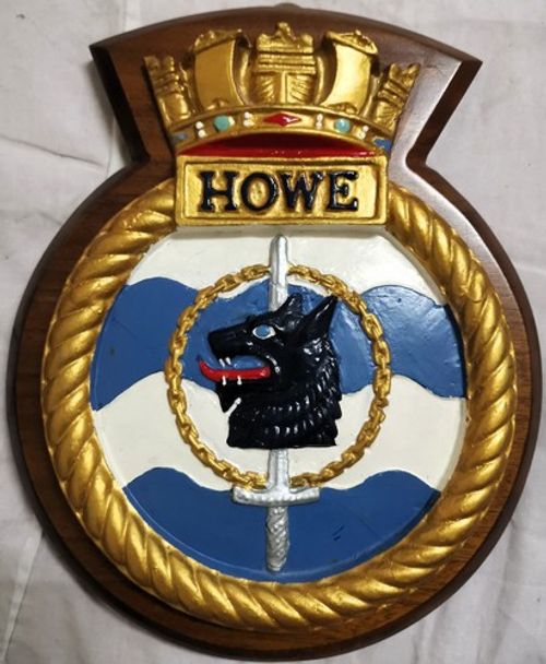 HMS Howe Ship Crest Plaque – Hand-Painted, Solid Mahogany Mount, 826g Royal Navy