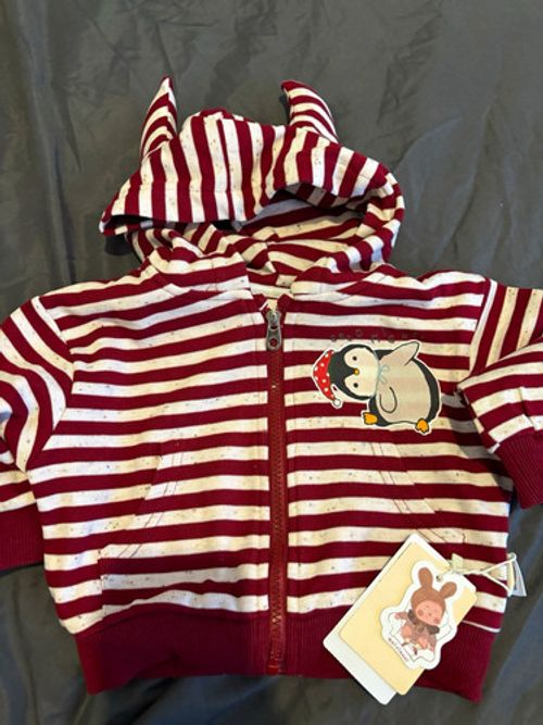taobao 12-18M Full Zip Hooded Knit Jumper Red/White Stripe Penguin