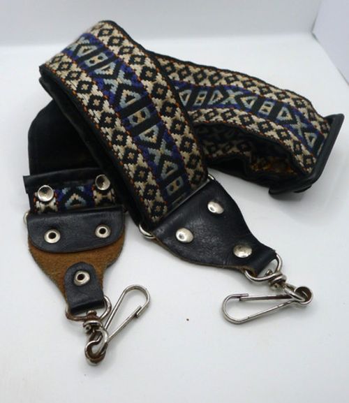 Vintage Retro Boho Hippy Adjustable Blue Woven Pattern Camera Strap Leather Ends