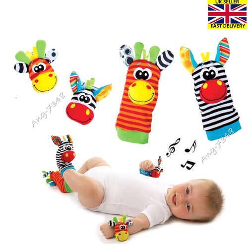 4 piece Baby Socks & Wrist Strap Bands Toddler Rattle Plush Sensory Socks 3-12m