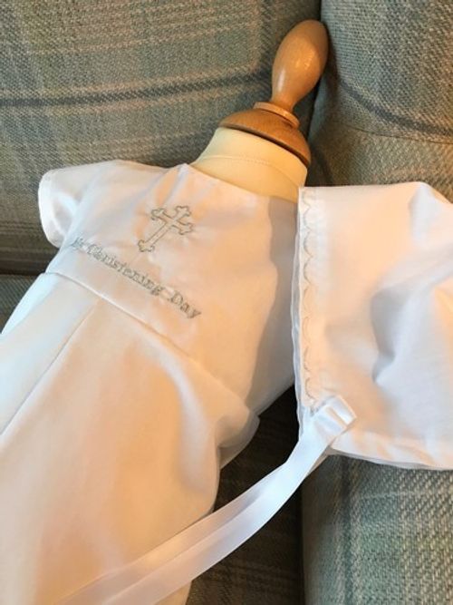 BOYS CHRISTENING ROMPER SUIT AND BAPTISM BONNET - PERSONALISED - BABY CLOTHES