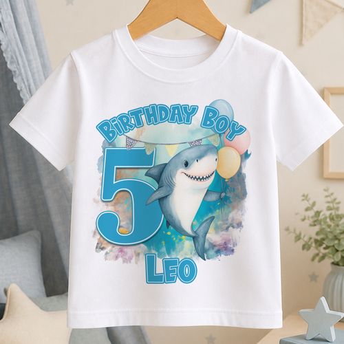 Personalised Birthday T-Shirt Shark Ocean Balloons Kids Boys Girls Name Any Age — image 1