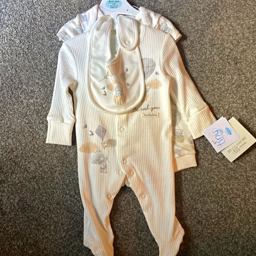 Tiny Tatty Teddy 3pc Cotton Ribbed Footed Outfit Set Bodysuit Trousers Bib — image 1