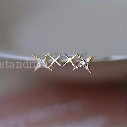 Shiny Sterling Silver Cute Small CZ Double Star Stud Earrings Women Gift UK — image 3