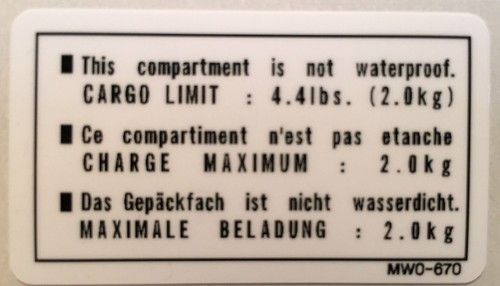 HONDA CBR900RR FIREBLADE 1992 ONWARDS CARGO LIMIT CAUTION WARNING DECAL