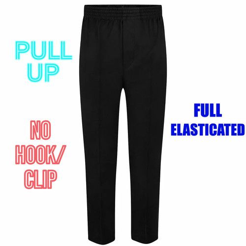 BOYS ALL AROUND FULL ELASTICATED PULL UP SCHOOL TROUSERS NO HOOK CLIP UNIFORM