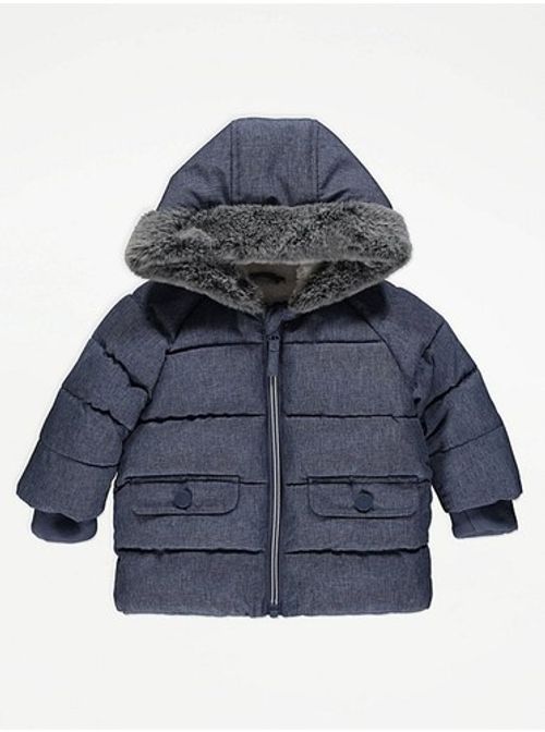 GEORGE ASDA BABY BOY FLEECE LINED FUR DENIM OUTDOOR COAT NEW WITH TAGS RRP£15