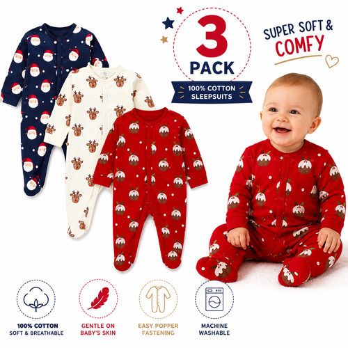 Baby George 3 Pack Christmas Sleepsuits 100% Cotton Soft Festive Santa Xmas Pud 