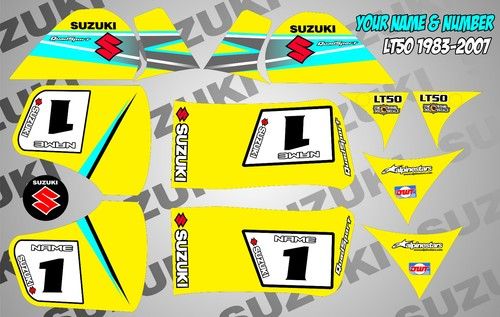 suzuki lt50 quad graphics stickers decals name & number lt 50 mx laminate yellow