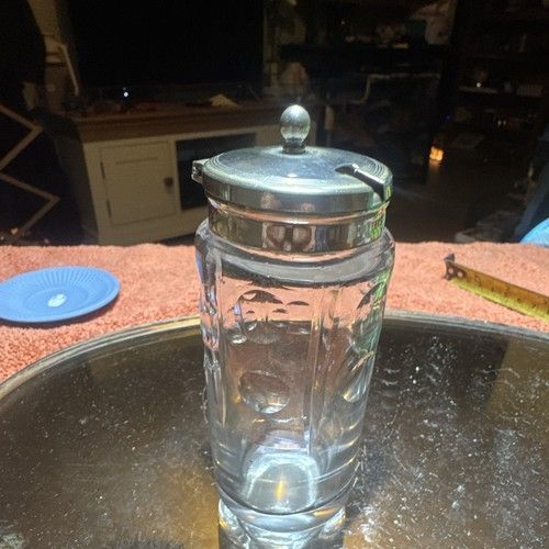 EPNS Silver Plate Lidded Mustard Pot with Glass Jar, Hinged Lid & Spoon Slot
