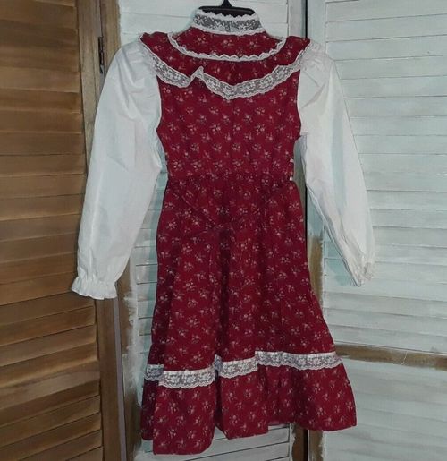 Vintage Robyn Sue Girls Dress Size 10 Prairie Style Burgundy Floral Long Sleeve — image 3