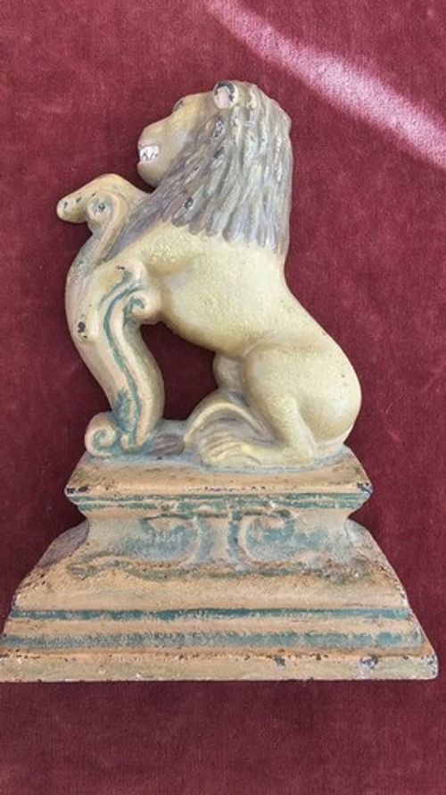 Vintage Kitsch Cast Iron Lion on Plinth Door Stops Mid Century