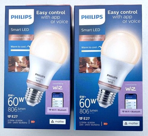 PHILIPS TWIN PACK E27 TUNABLE WHITE WARM to COOL WIZ CONNECTED 8W = 60W 806lm