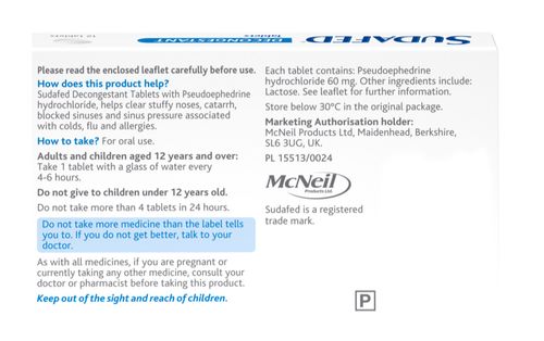 Sudafed Decongestant Tablets 12 - Treats Blocked/Stuffy Nose - Non-Drowsy - — image 2