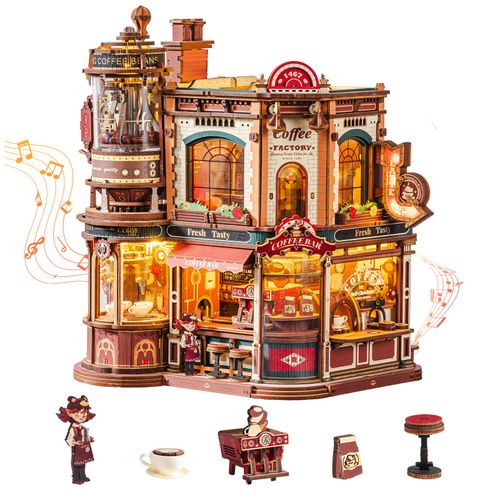 ROKR Dream Coffee Factory 3D Puzzle Building Toys Music Box Wooden Kids Gift — image 2