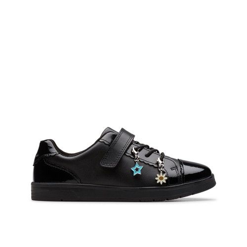 Clarks Girls Disco Charm Kid Black Leather Trainers,Riptape,School Shoes