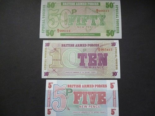THREE MINT UNUSED MILITARY/ARMED FORCES BANKNOTES/SPECIAL VOUCHERS 50P, 10P,5P.