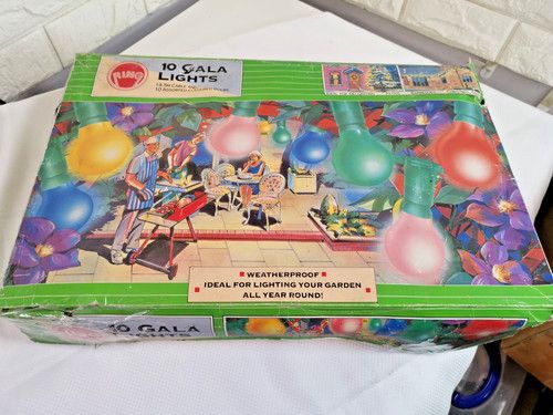 Vintage Ring 10 Gala Lights Christmas 1980s Coloured Bulbs Boxed Garden Bbq 606