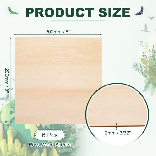 6pcs 2mm Basswood Plywood Sheets 8"x8"x3/32" Plywood Boards Craft Wood Sheet] — image 2