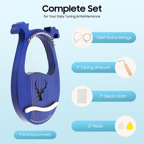 Lyre Harp 16 String Blue Deer Head Solid Wood Portable Musical Instrument — image 7