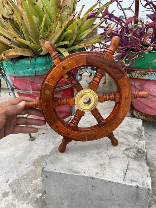 36 Inch Big Ship Steering Wheel Wooden Antique Teak Brass Nautical Pirate Ship's — image 4