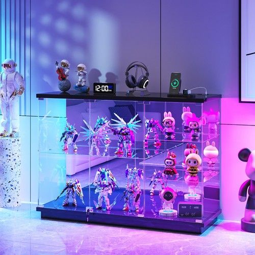 RGB Glass Display Cabinet with Lock, Motion Sensor Display Case for Figures