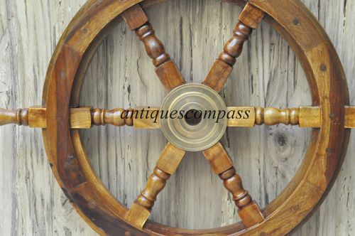 18"Nautical Wooden Ship Steering Wheel Pirate Decor Wood Brass Fishing Wall Boat — image 6