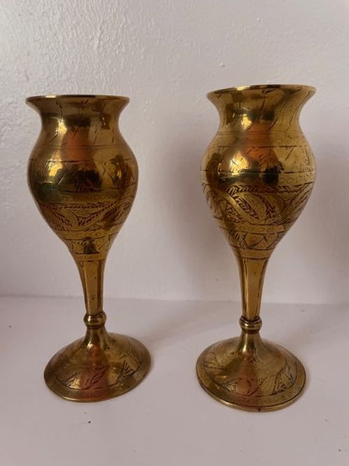 Pair of Mid-20th-CenturyHand-Engraved Brass  Vases - Decorative Indian Metalwork