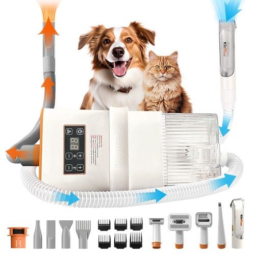 KITPLUS Dog Grooming Pro, 12000Pa Suction, 2L Vacuum, 11 Tools, 5 Dryer level