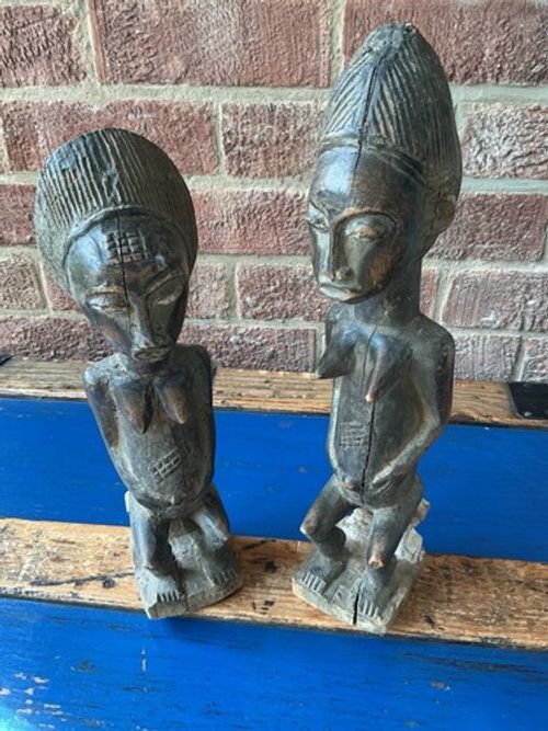 Pair ANTIQUE baule Female Seated Figures Spirit Spouse 34 Cm