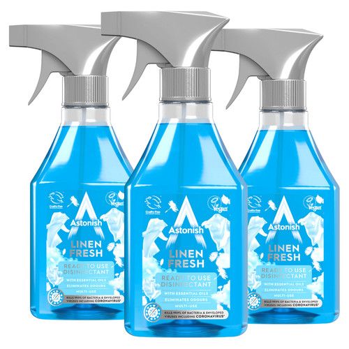 3 x Astonish Linen Fresh Disinfectant RTU Spray Kill 99.9% of Bacteria - 550ml