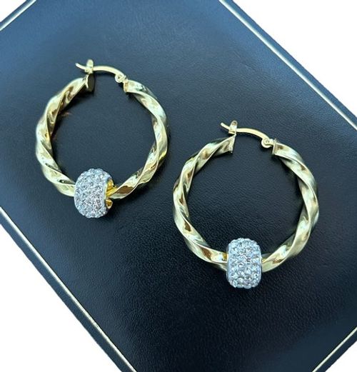 Twist Hoop Earrings 40mm Twisted Creole 9ct Gold Filled Rhinestone Crystal Balls