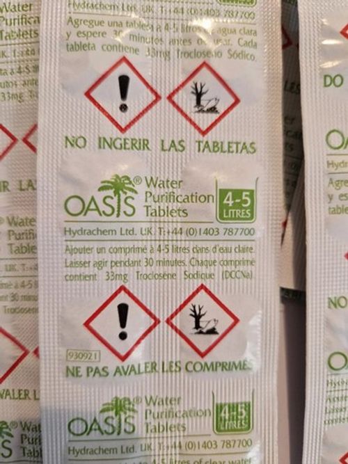 OASIS WATER PURIFICATION TABLETS WATER 33 mg/ 1 Tablet treats 5 LITRES OF WATER
