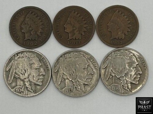 6 COIN LOT ~ 3 Indian Head Cents ~ 3 Buffalo Nickels ~ FULL DATE OLD US Coins