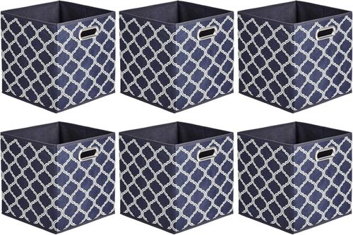 6x Foldable Fabric Cube Storage Organiser Boxes 27cm with Oval Grommets Trellis — image 1